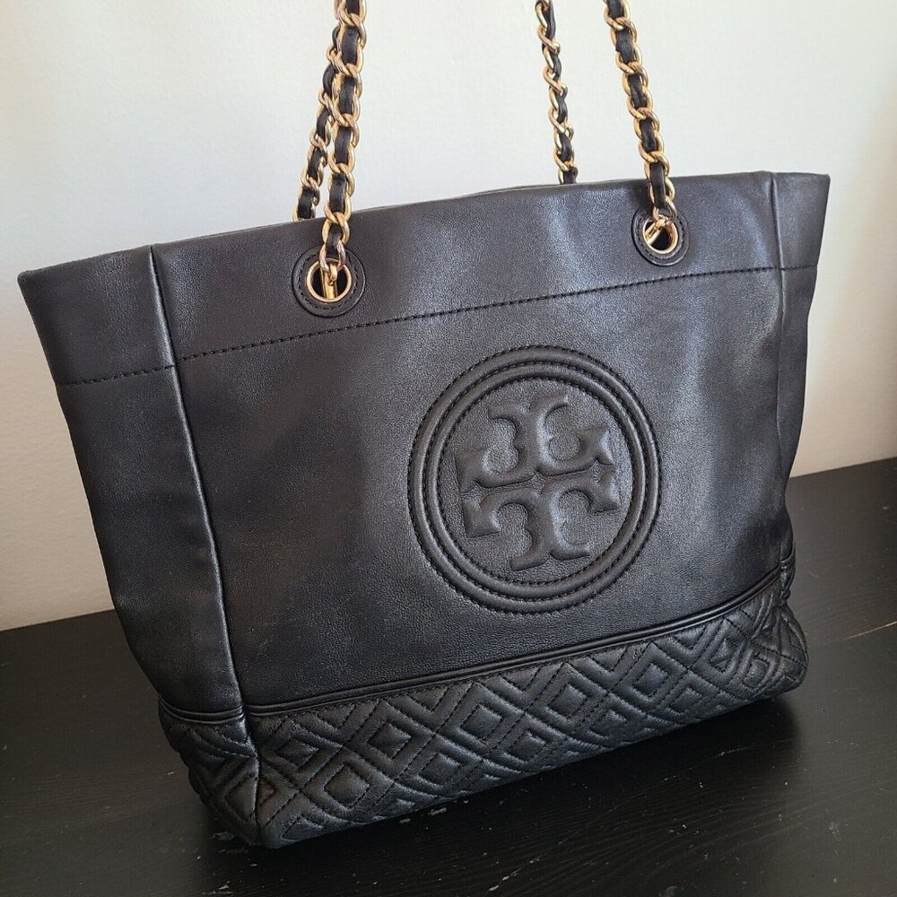 Tory Burch Black Quilted Leather Logo Tote with Gold Chain Straps